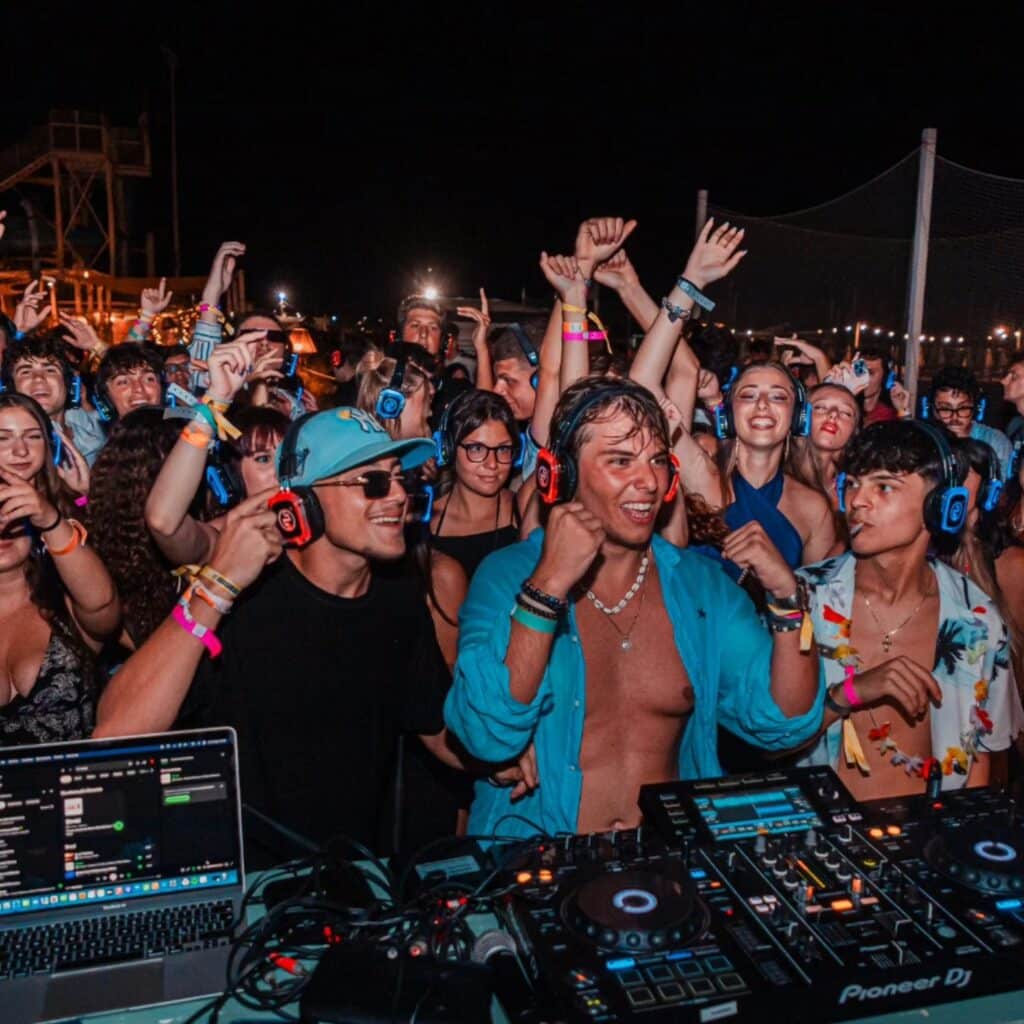 Guests dancing with silent disco headphones at a party